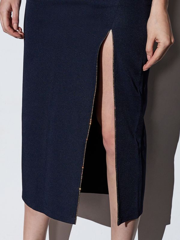 Globus Women Navy Mid-Rise Shimmer Front Slit Midi Party Pencil Skirt