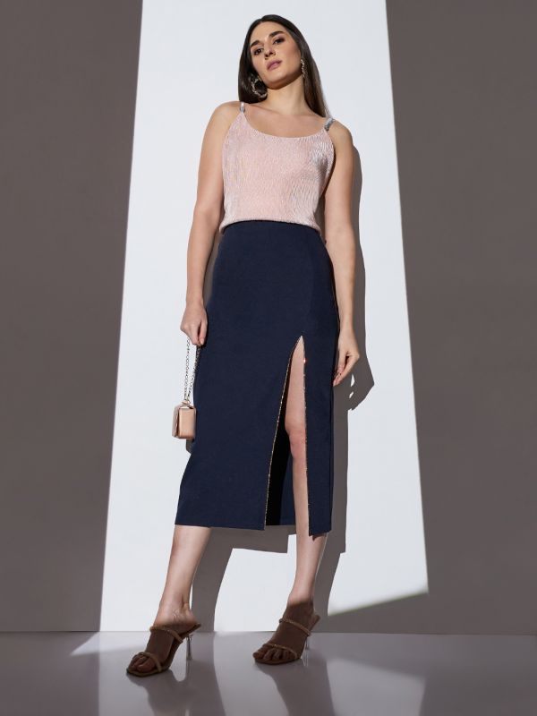 Globus Women Navy Mid-Rise Shimmer Front Slit Midi Party Pencil Skirt