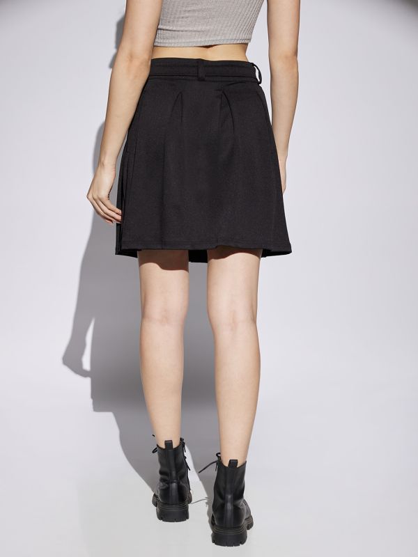 Globus Women Black Mid Rise Waist Tie-Ups Pleated A-Line Mini Skirt