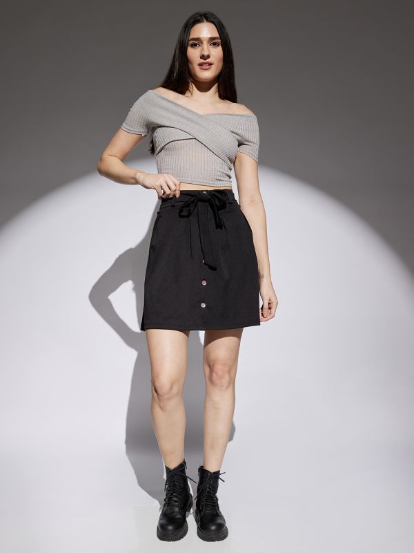 Globus Women Black Mid Rise Waist Tie-Ups Pleated A-Line Mini Skirt