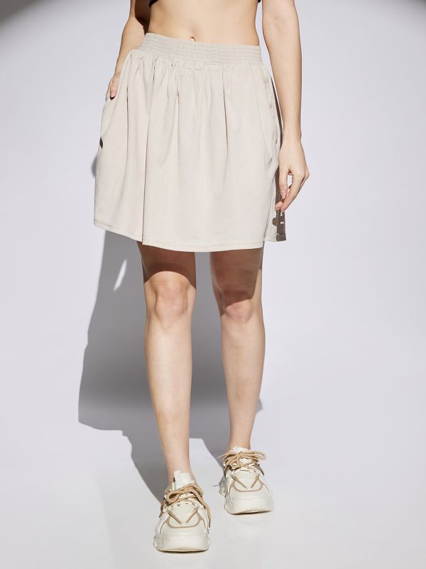 Globus Women Beige Self Design Smocked & Pleated Waist A-Line Mini Skirt