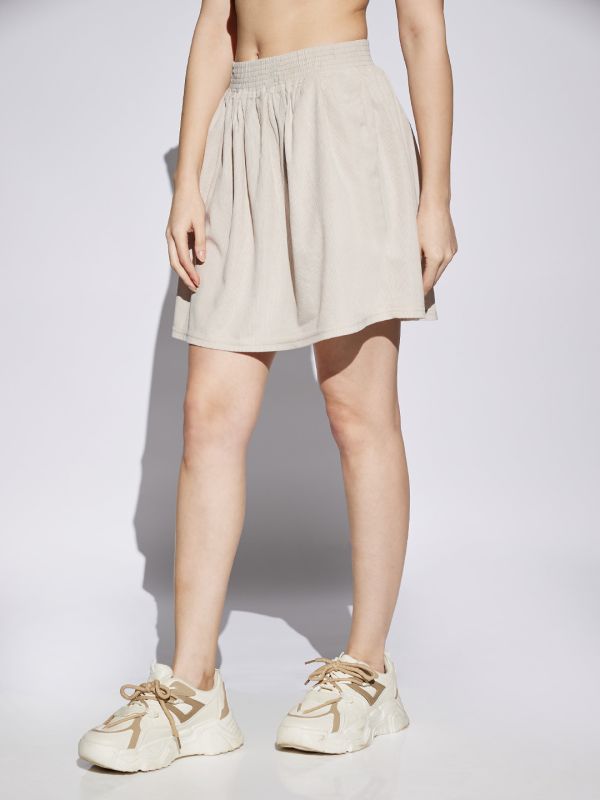 Globus Women Beige Self Design Smocked & Pleated Waist A-Line Mini Skirt