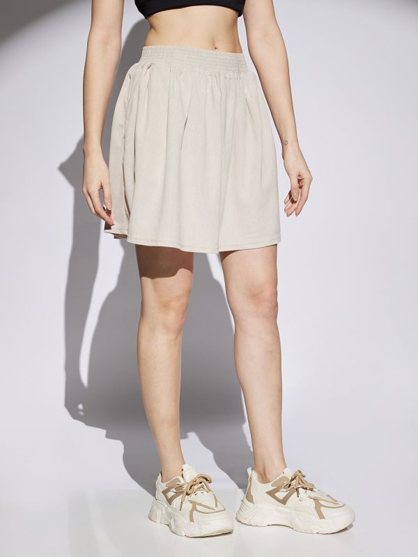 Globus Women Beige Self Design Smocked & Pleated Waist A-Line Mini Skirt