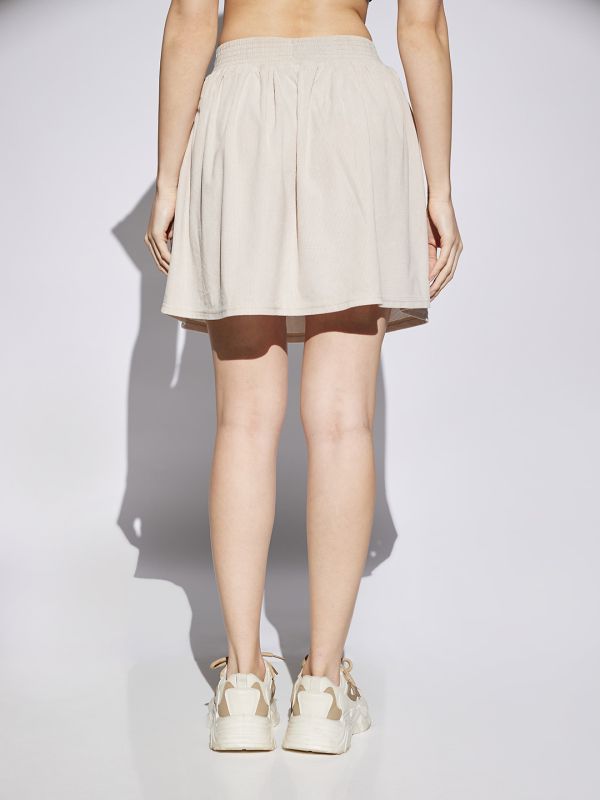 Globus Women Beige Self Design Smocked & Pleated Waist A-Line Mini Skirt