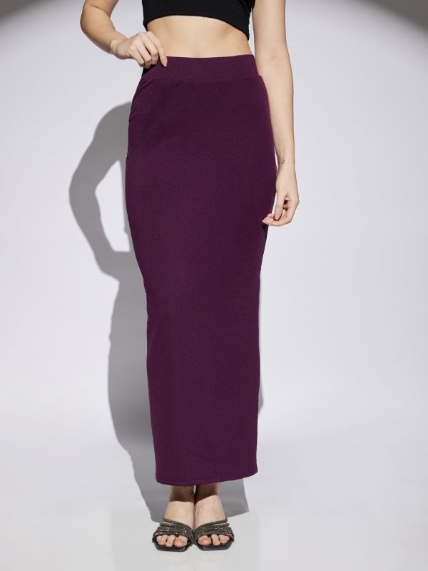 Globus Women Wine Shimmer Detail High Rise Side Slit Snug Fit Pencil Maxi Party Skirt