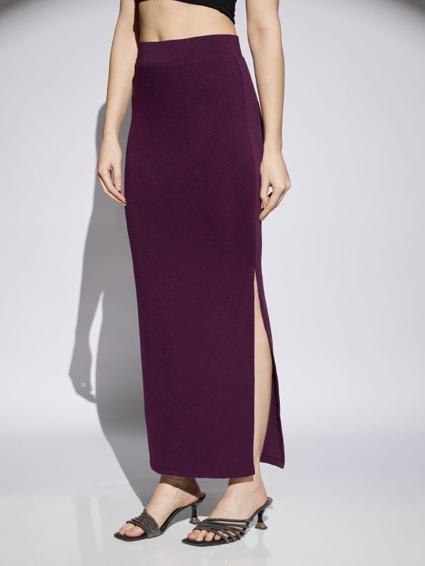 Globus Women Wine Shimmer Detail High Rise Side Slit Snug Fit Pencil Maxi Party Skirt