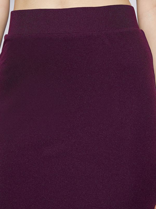 Globus Women Wine Shimmer Detail High Rise Side Slit Snug Fit Pencil Maxi Party Skirt