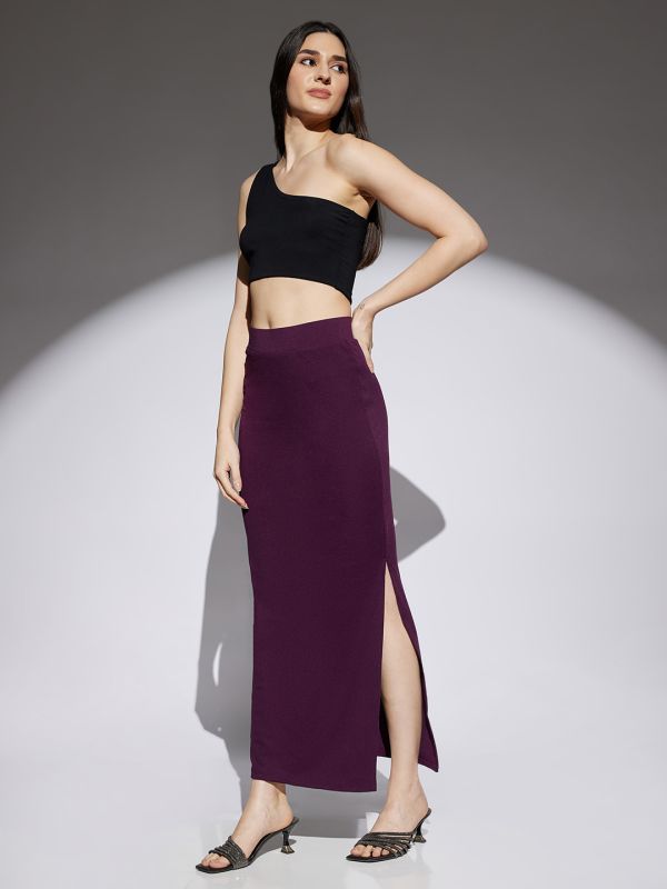 Globus Women Wine Shimmer Detail High Rise Side Slit Snug Fit Pencil Maxi Party Skirt