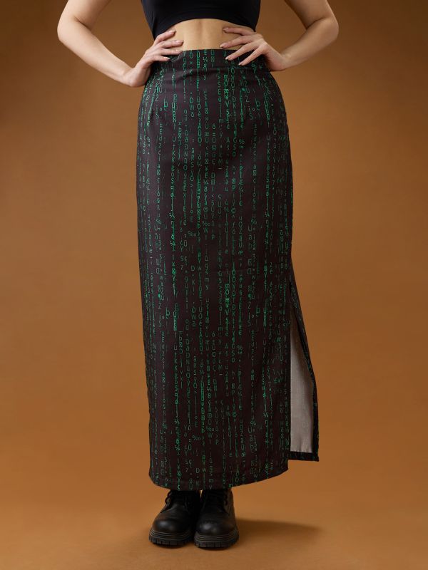 Globus Women Black & Green Digital Print Mid-Rise Side Slit Straight Midi Skirt