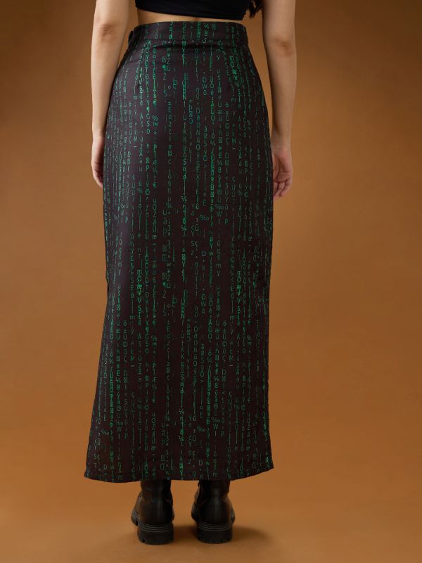 Globus Women Black & Green Digital Print Mid-Rise Side Slit Straight Midi Skirt