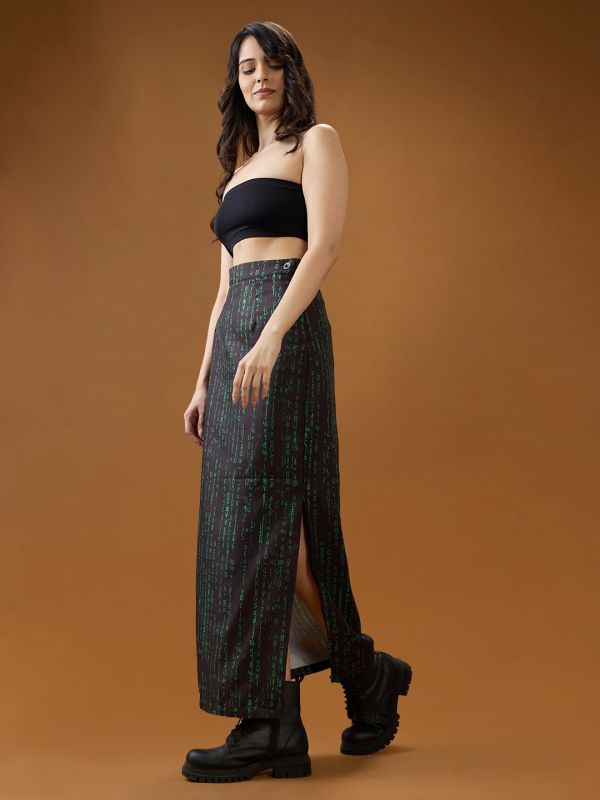 Globus Women Black & Green Digital Print Mid-Rise Side Slit Straight Midi Skirt