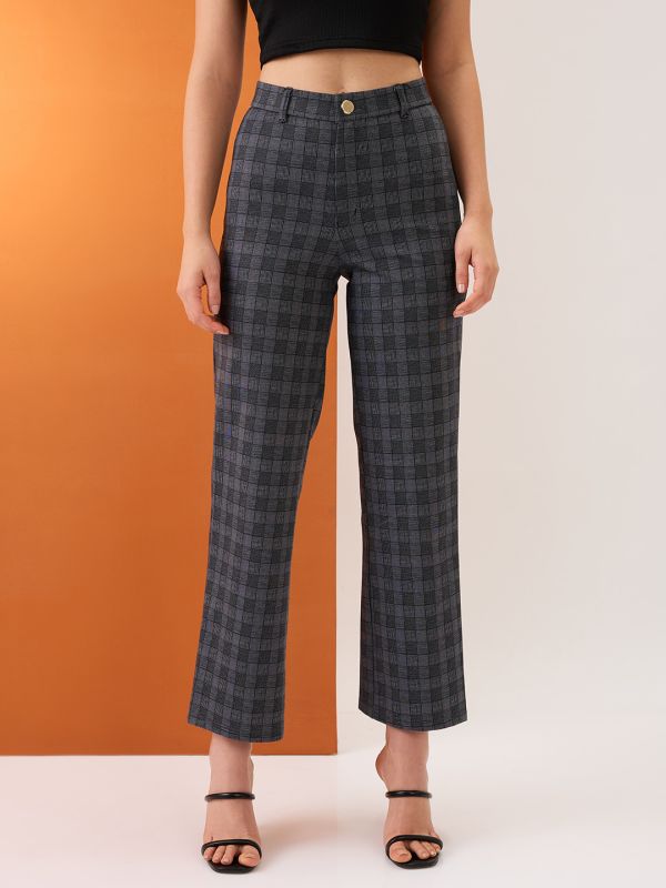 Globus Women Grey Checkered Self Design Mid-Rise Straight Fit Formal Trousers