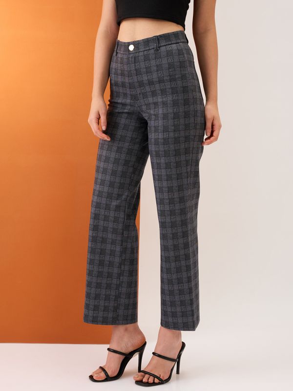 Globus Women Grey Checkered Self Design Mid-Rise Straight Fit Formal Trousers