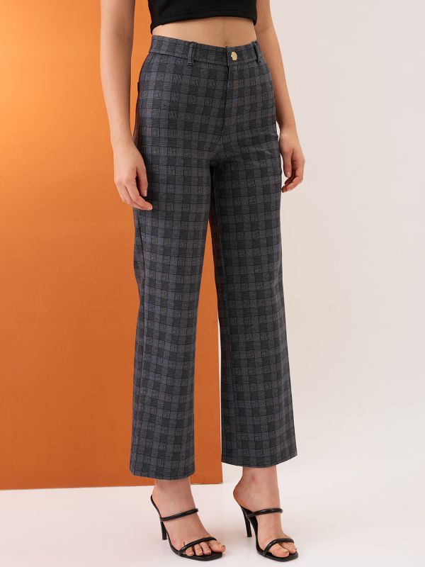 Globus Women Grey Checkered Self Design Mid-Rise Straight Fit Formal Trousers