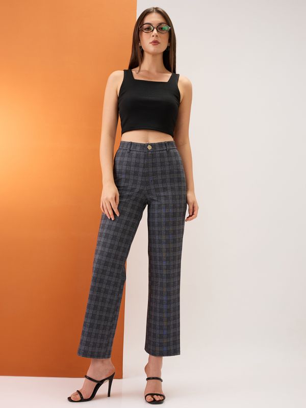 Globus Women Grey Checkered Self Design Mid-Rise Straight Fit Formal Trousers
