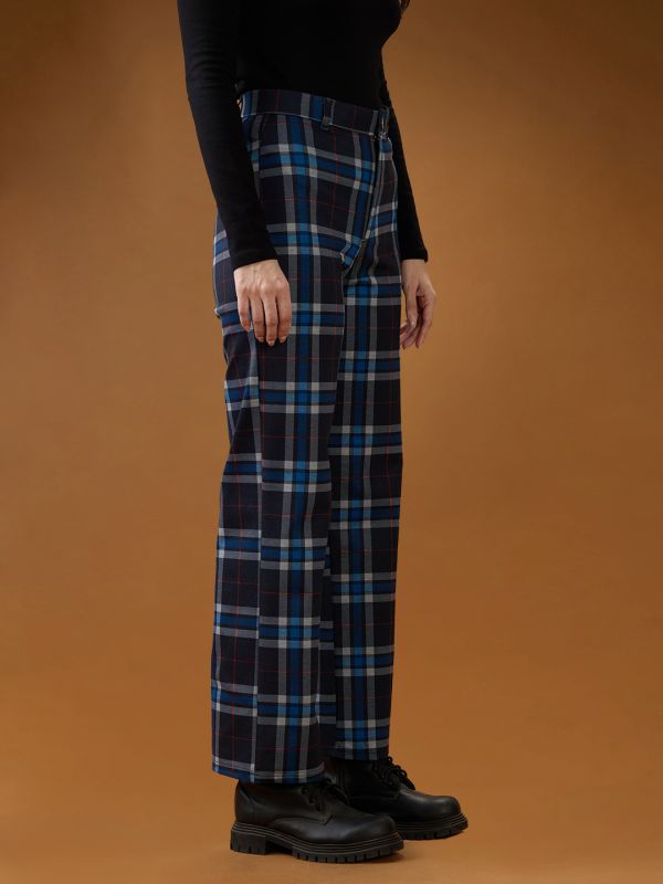 Globus Women Blue Checks Mid Rise Straight Fit Formal Trousers