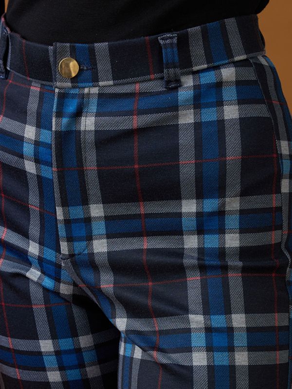 Globus Women Blue Checks Mid Rise Straight Fit Formal Trousers