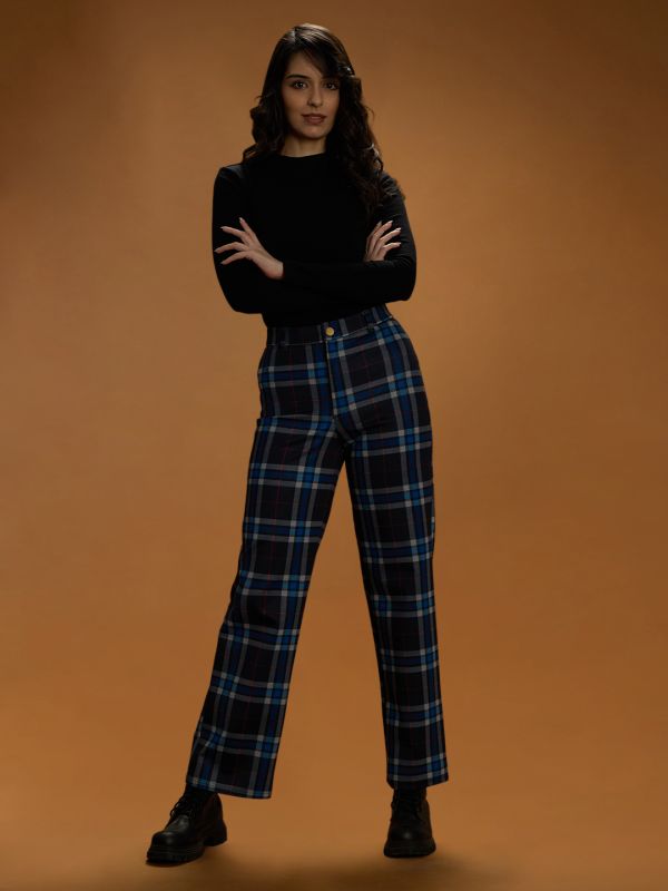 Globus Women Blue Checks Mid Rise Straight Fit Formal Trousers
