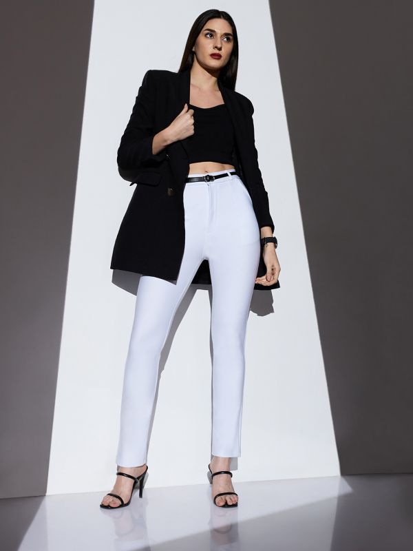 Globus Women White Mid-Rise Solid Stretchable Slim Fit Formal Trousers With Belt