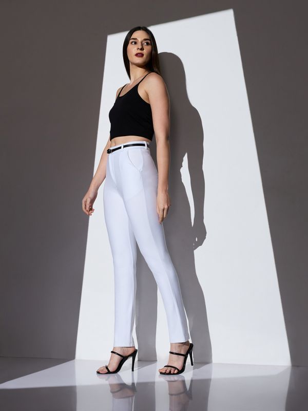 Globus Women White Mid-Rise Solid Stretchable Slim Fit Formal Trousers With Belt