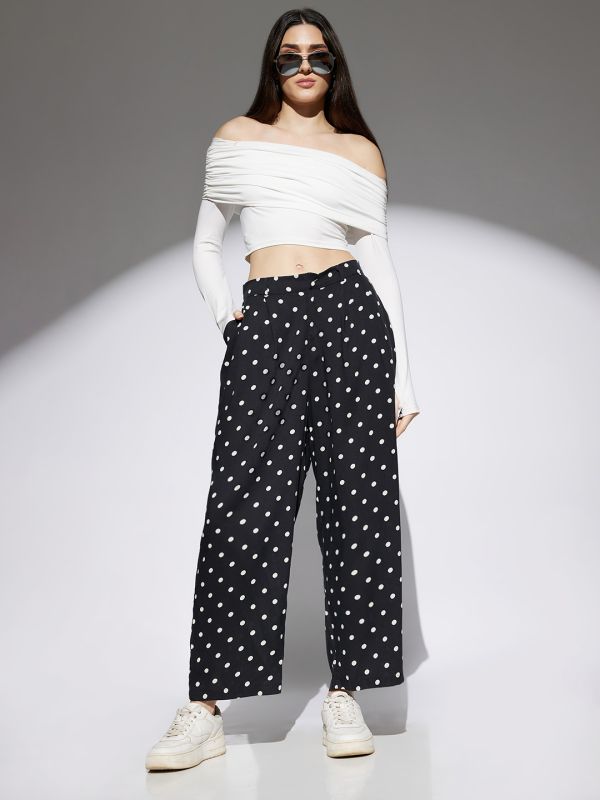 Globus Women Black Polka Dot Print Mid Rise Pleated Pocket Detail Wide Leg Trousers