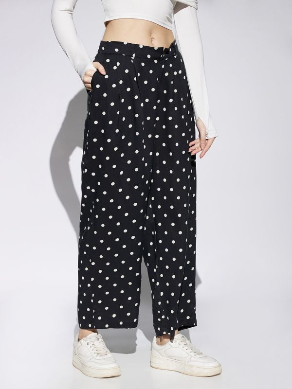 Globus Women Black Polka Dot Print Mid Rise Pleated Pocket Detail Wide Leg Trousers