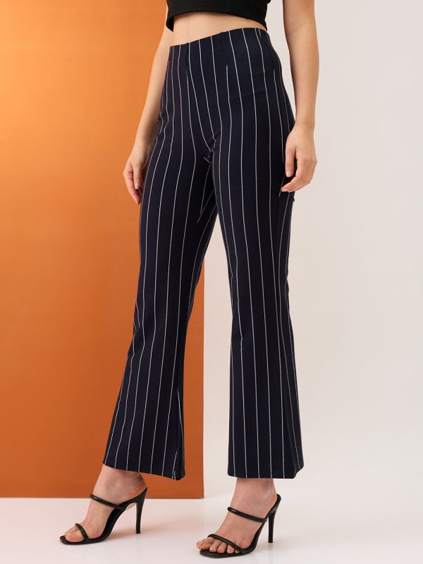 Globus Women Navy Striped Mid-Rise Stretchable Bootcut Trousers