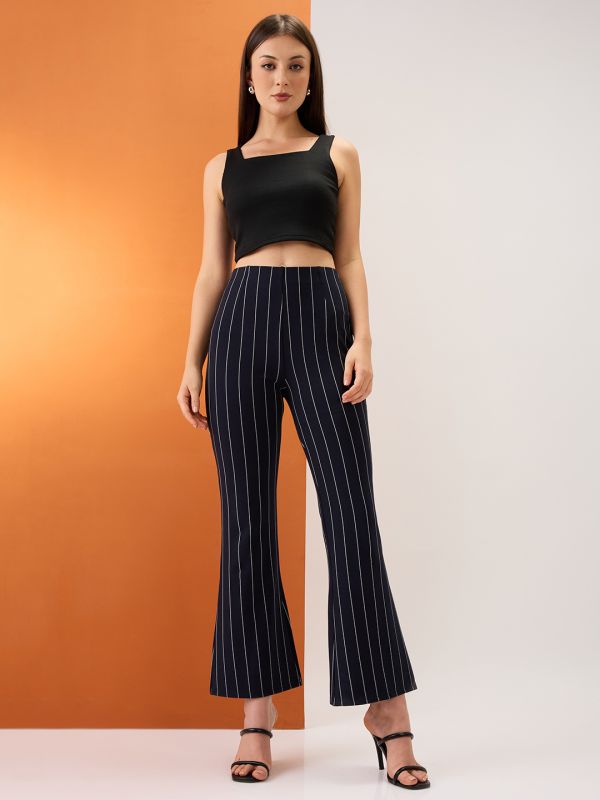 Globus Women Navy Striped Mid-Rise Stretchable Bootcut Trousers