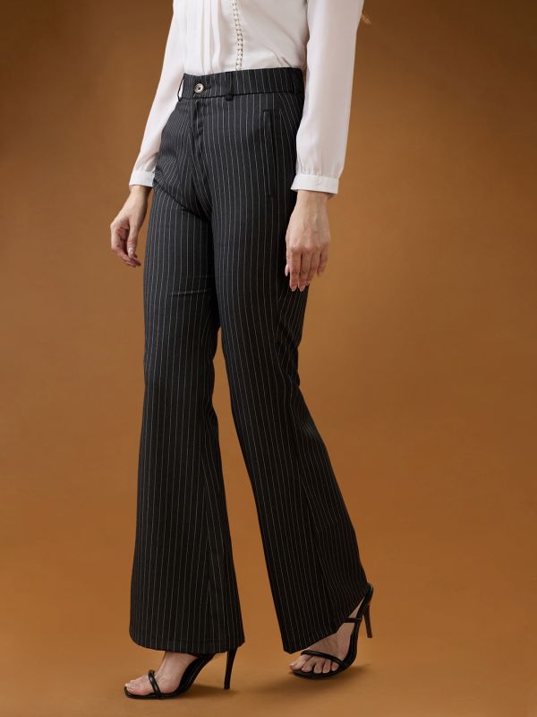 Globus Women Grey Striped Mid Rise Tapered Fit Bootcut Formal Trousers