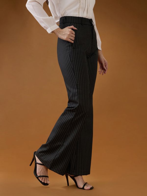 Globus Women Grey Striped Mid Rise Tapered Fit Bootcut Formal Trousers