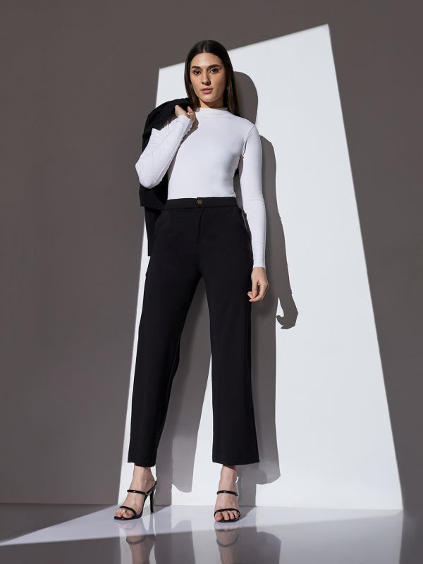 Globus Women Black Mid-Rise Solid Wide Leg Formal Trousers