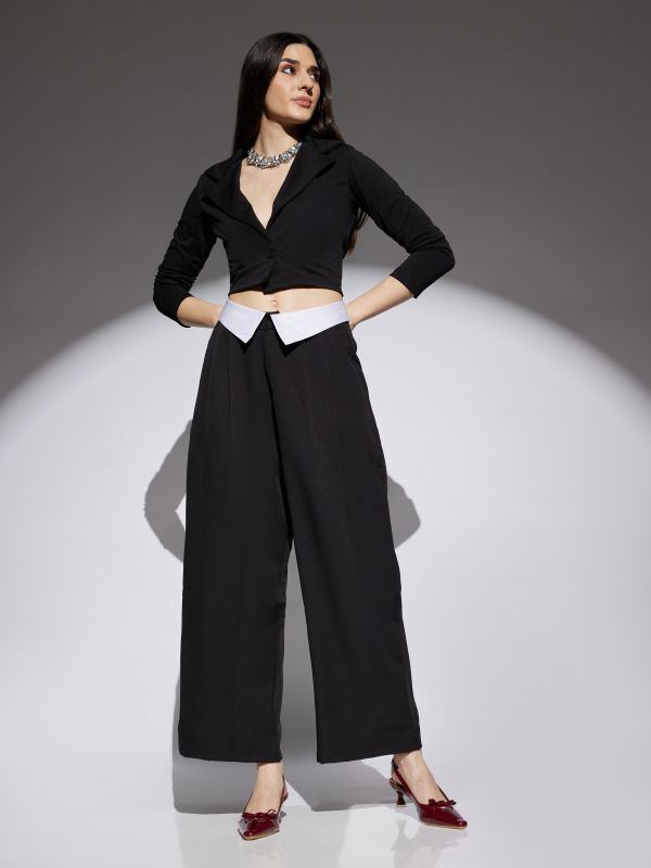 Globus Women Black Solid Mid Rise Stretchable Wide Leg Korean Trousers