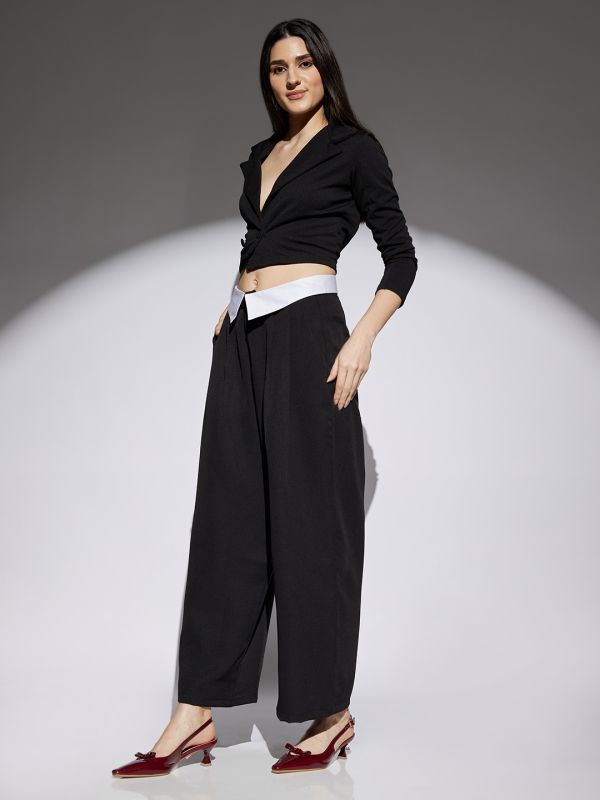 Globus Women Black Solid Mid Rise Stretchable Wide Leg Korean Trousers