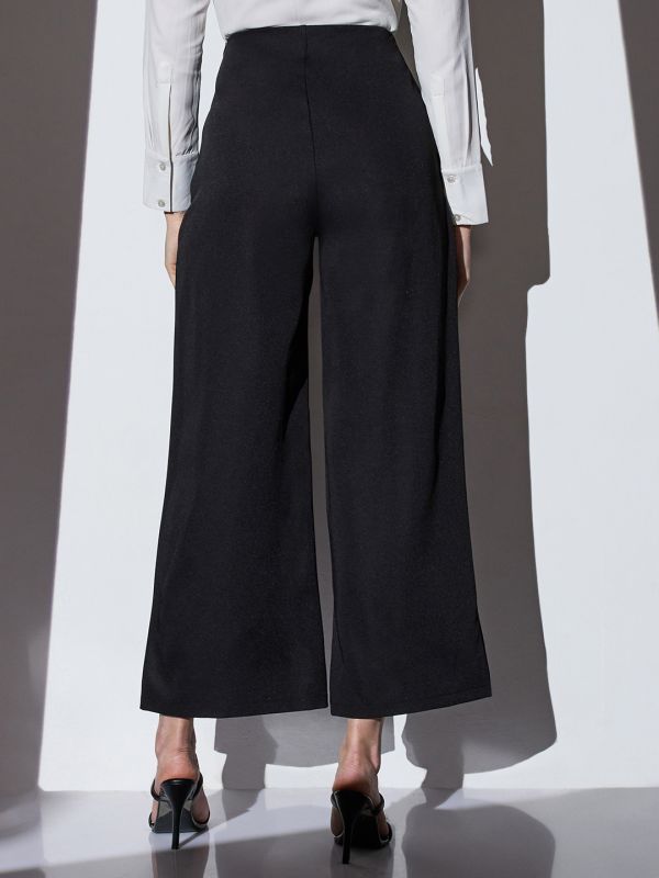 Globus Women Black Mid-Rise Shimmer Front Slit Wide Leg Party Trousers
