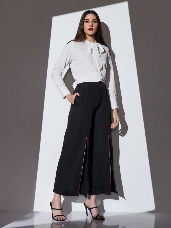 Globus Women Black Mid-Rise Shimmer Front Slit Wide Leg Party Trousers