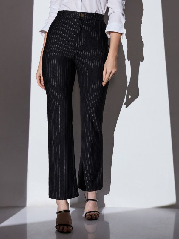 Globus Women Black Mid-Rise Striped Straight Fit Wide Leg Formal Trousers