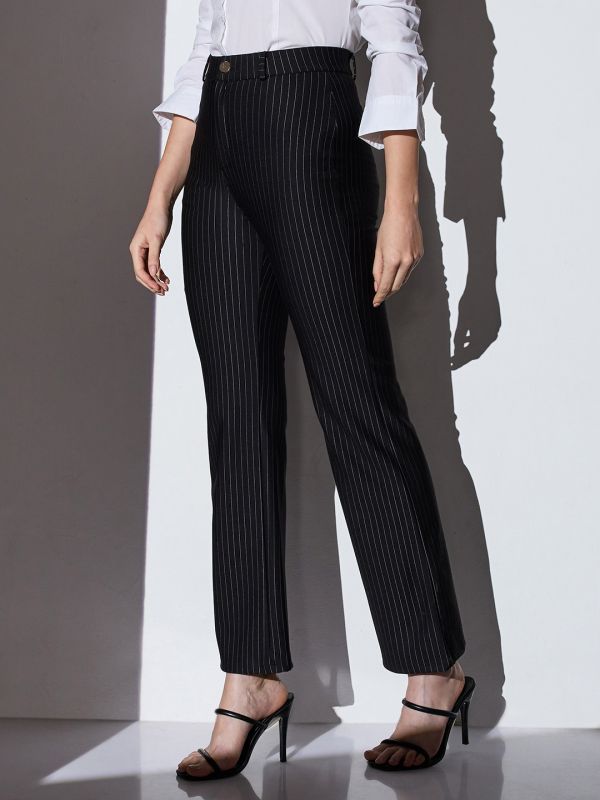 Globus Women Black Mid-Rise Striped Straight Fit Wide Leg Formal Trousers
