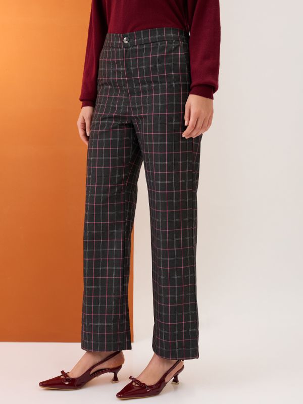 Globus Women Black Checkered Mid-Rise Elasticated Back Straight Fit Formal Trousers