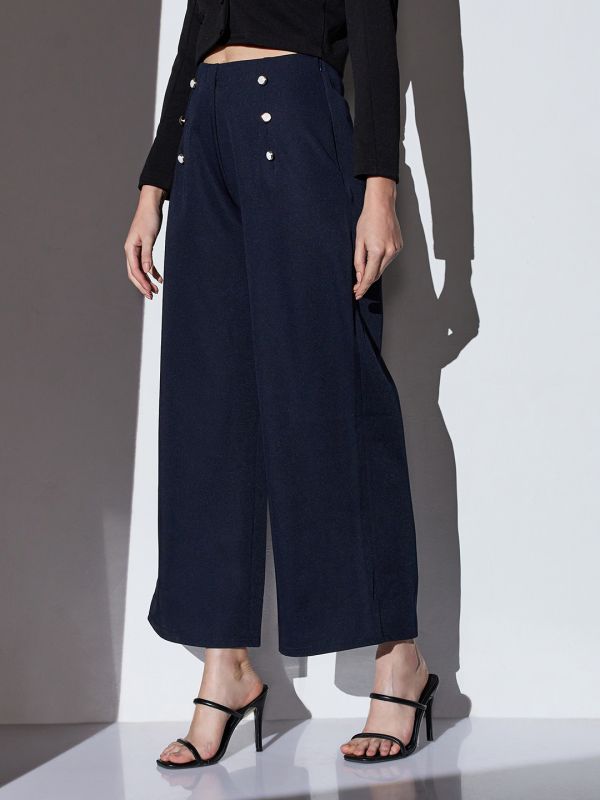 Globus Women Navy Mid-Rise Solid Button Detail Wide Leg Trousers