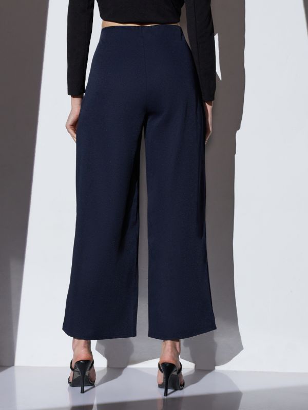 Globus Women Navy Mid-Rise Solid Button Detail Wide Leg Trousers