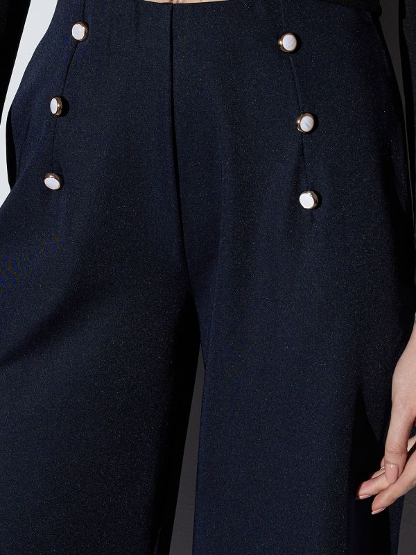 Globus Women Navy Mid-Rise Solid Button Detail Wide Leg Trousers