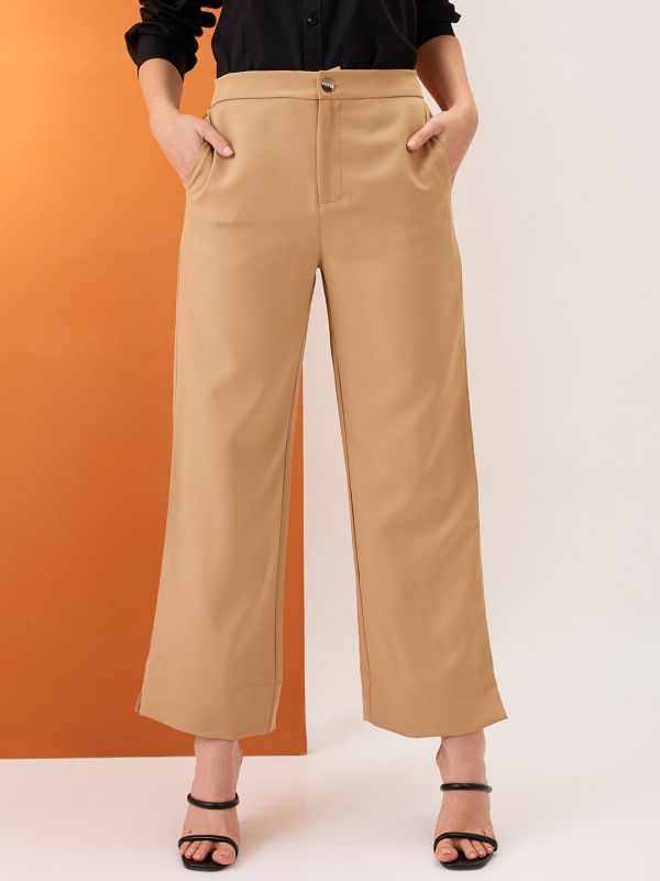 Globus Women Khaki Solid Mid-Rise Bottom Hem Slits Relaxed Fit Formal Trousers