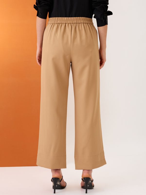 Globus Women Khaki Solid Mid-Rise Bottom Hem Slits Relaxed Fit Formal Trousers