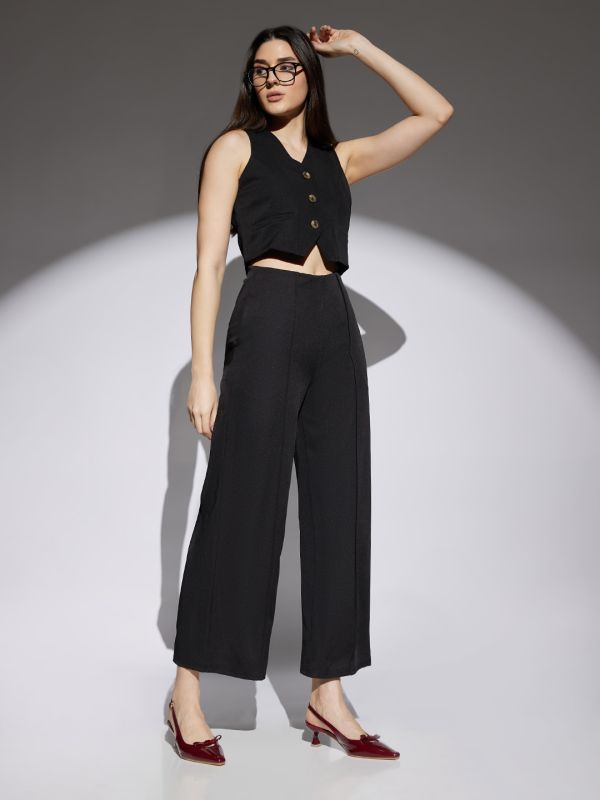 Globus Women Black Solid Mid Rise Stretchable Wide Leg Cropped Formal Trousers