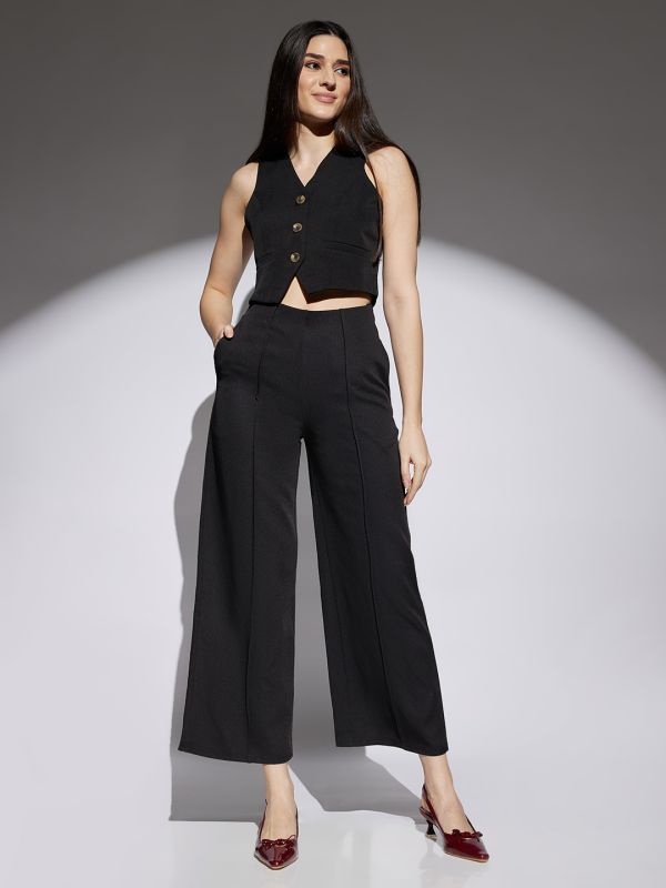 Globus Women Black Solid Mid Rise Stretchable Wide Leg Cropped Formal Trousers