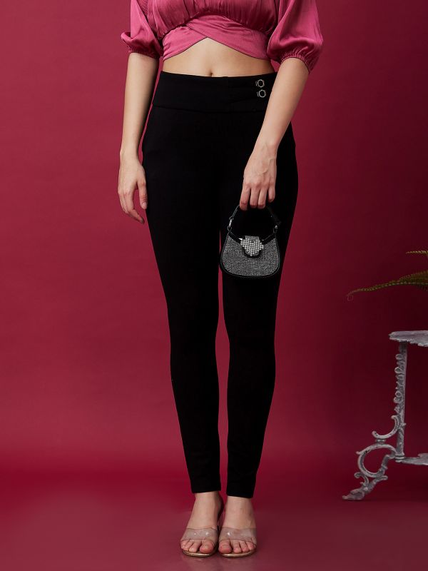 Globus Women Black Stretchable Mid Rise Skinny Fit Treggings With Pockets