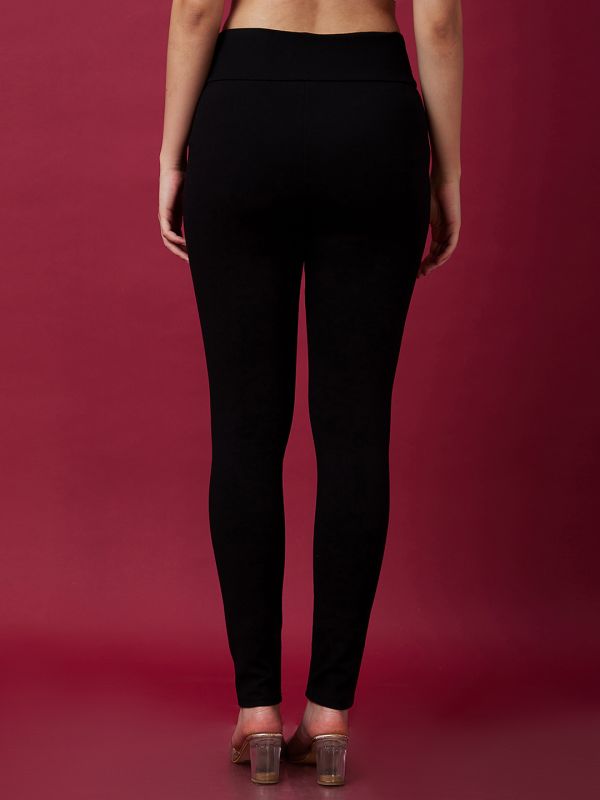 Globus Women Black Stretchable Mid Rise Skinny Fit Treggings With Pockets