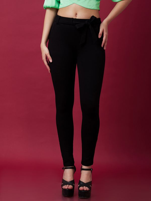 Globus Women Black Casual Waist Tie Up Slip On Skinny Fit Tregging
