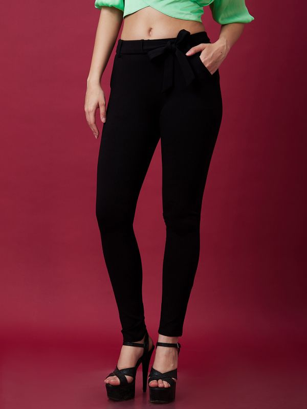 Globus Women Black Casual Waist Tie Up Slip On Skinny Fit Tregging