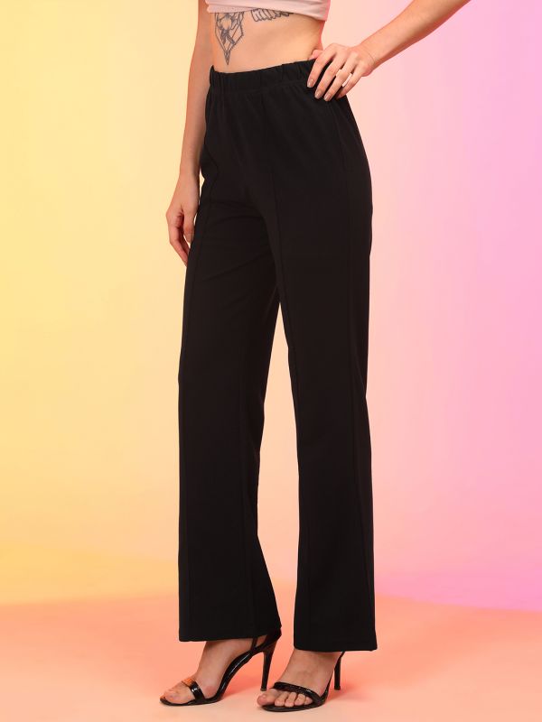 Globus Women Black Stretchable High-Rise Flat Front Bootcut Trousers